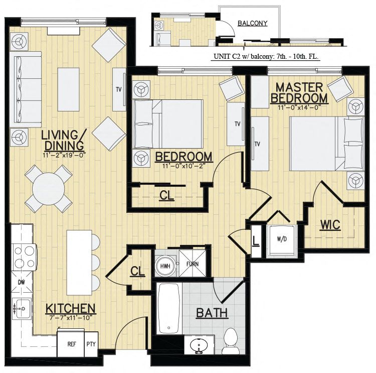Floor plan for 2 beds, 1 bath, 863 sqft